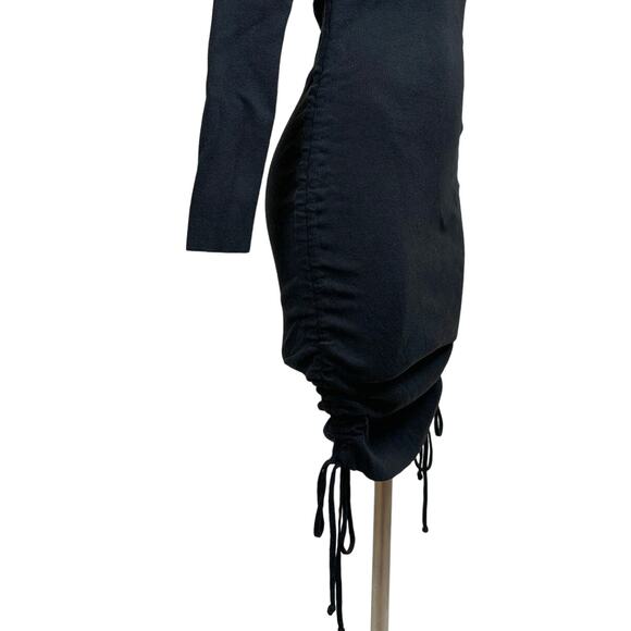 Lioness Black Ruched Drawstring Bodycon Stretch Knit Long Sleeve Mini Dress Sz S - Picture 11 of 13